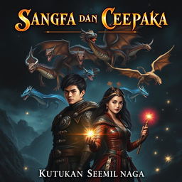 A captivating fantasy book cover featuring Sangga, a determined male warrior, and Cempaka, a brave female hero, standing at the forefront with expressions of readiness to face challenges