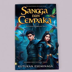 A captivating fantasy book cover featuring Sangga, a determined male warrior, and Cempaka, a brave female hero, standing at the forefront with expressions of readiness to face challenges