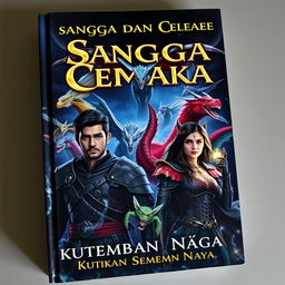 A captivating fantasy book cover featuring Sangga, a determined male warrior, and Cempaka, a brave female hero, standing at the forefront with expressions of readiness to face challenges