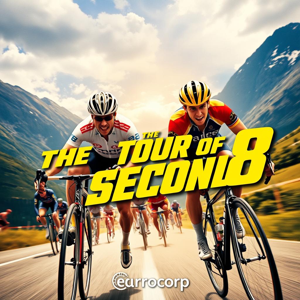 A captivating film poster for "The Tour of 8 Seconds," featuring legendary cyclists Laurent Fignon and Greg LeMond