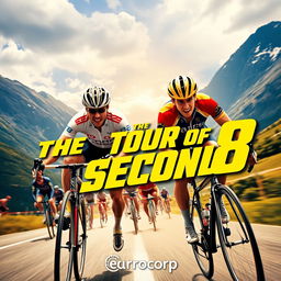 A captivating film poster for "The Tour of 8 Seconds," featuring legendary cyclists Laurent Fignon and Greg LeMond