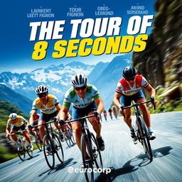 A captivating film poster for "The Tour of 8 Seconds," featuring legendary cyclists Laurent Fignon and Greg LeMond