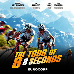 A captivating film poster for "The Tour of 8 Seconds," featuring legendary cyclists Laurent Fignon and Greg LeMond