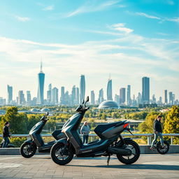 A futuristic view of Kazakhstan in the year 2050, showcasing Nomad Cars electric scooters