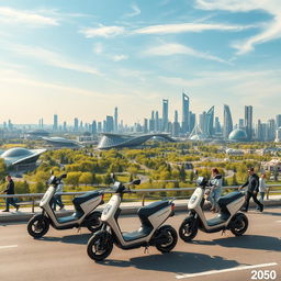 A futuristic view of Kazakhstan in the year 2050, showcasing Nomad Cars electric scooters