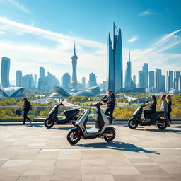 A futuristic view of Kazakhstan in the year 2050, showcasing Nomad Cars electric scooters