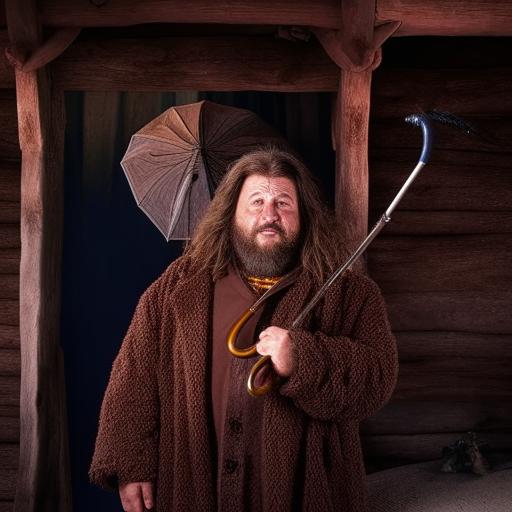 Rubeus Hagrid, an imposing figure with shaggy hair and beard, wearing a large, rugged coat, and holding an umbrella; accompanied by his trusty canine, Fang, against the rustic backdrop of Hagrid's wooden hut in Hogwarts.