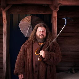 Rubeus Hagrid, an imposing figure with shaggy hair and beard, wearing a large, rugged coat, and holding an umbrella; accompanied by his trusty canine, Fang, against the rustic backdrop of Hagrid's wooden hut in Hogwarts.