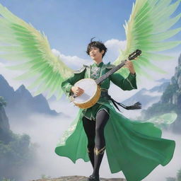 Venti, the playful and free-spirited character from Genshin Impact, dressed in green attire with a translucent winged back, playing his magical lyre against a stunning Teyvat backdrop.