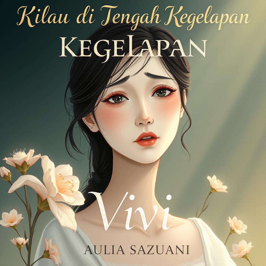 An illustration for a novel cover titled "Kilau di Tengah Kegelapan" featuring a character named Vivi with porcelain white skin, her expression reflecting a blend of hope and sadness