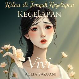 An illustration for a novel cover titled "Kilau di Tengah Kegelapan" featuring a character named Vivi with porcelain white skin, her expression reflecting a blend of hope and sadness