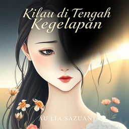 An illustration for a novel cover titled "Kilau di Tengah Kegelapan" featuring a character named Vivi with porcelain white skin, her expression reflecting a blend of hope and sadness