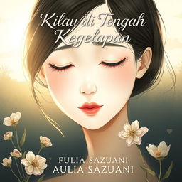 An illustration for a novel cover titled "Kilau di Tengah Kegelapan" featuring a character named Vivi with porcelain white skin, her expression reflecting a blend of hope and sadness