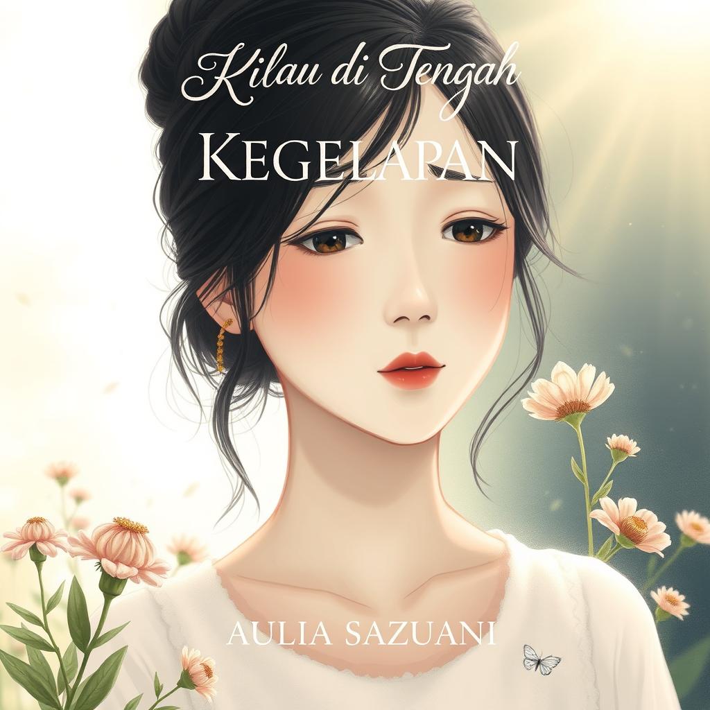 An illustration for a novel cover titled "Kilau di Tengah Kegelapan" featuring a character named Vivi with porcelain white skin, her expression reflecting a blend of hope and sadness