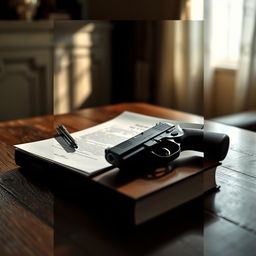 A book cover featuring a pistol elegantly placed on a wooden table, with a sheet of paper and a pen positioned beside it