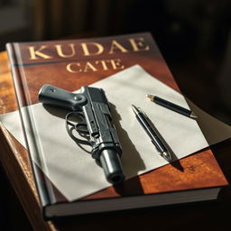 A book cover featuring a pistol elegantly placed on a wooden table, with a sheet of paper and a pen positioned beside it