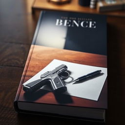 A book cover featuring a pistol elegantly placed on a wooden table, with a sheet of paper and a pen positioned beside it