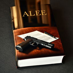 A book cover featuring a pistol elegantly placed on a wooden table, with a sheet of paper and a pen positioned beside it