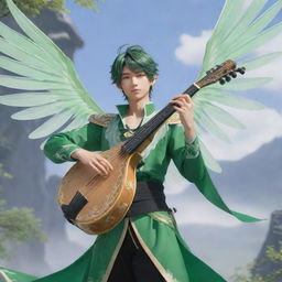 Venti, the playful and free-spirited character from Genshin Impact, dressed in green attire with a translucent winged back, playing his magical lyre against a stunning Teyvat backdrop.