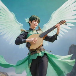 Venti, the playful and free-spirited character from Genshin Impact, dressed in green attire with a translucent winged back, playing his magical lyre against a stunning Teyvat backdrop.