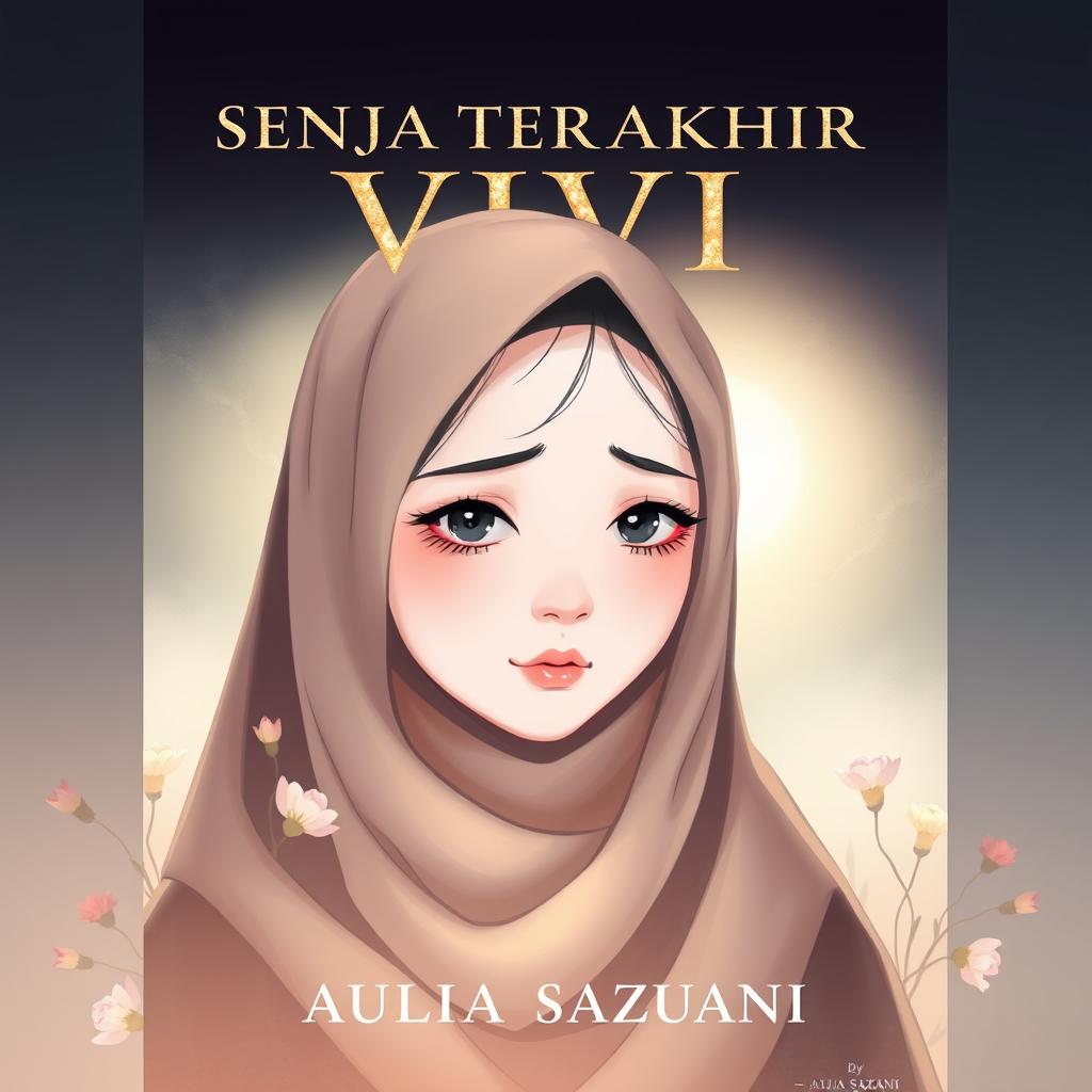 An illustration for a novel cover titled "SENJA TERAKHIR VIVI" featuring a character named Vivi with porcelain white skin and wearing a hijab, embodying a blend of hope and sadness in her expression