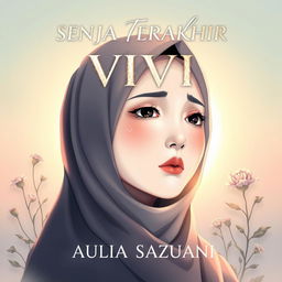 An illustration for a novel cover titled "SENJA TERAKHIR VIVI" featuring a character named Vivi with porcelain white skin and wearing a hijab, embodying a blend of hope and sadness in her expression