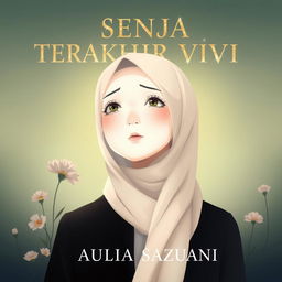 An illustration for a novel cover titled "SENJA TERAKHIR VIVI" featuring a character named Vivi with porcelain white skin and wearing a hijab, embodying a blend of hope and sadness in her expression