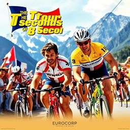 A stunning film poster for "The Tour of 8 Seconds," featuring cycling legends Laurent Fignon and Greg LeMond