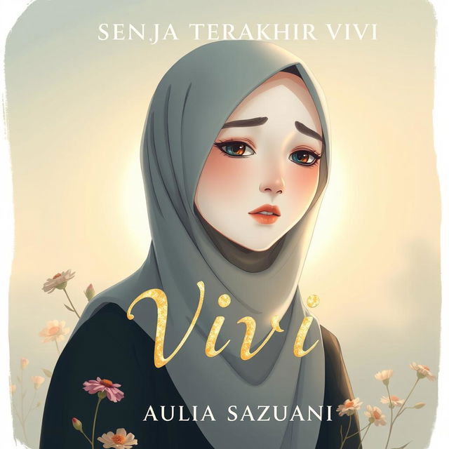 An illustration for a novel cover titled "SENJA TERAKHIR VIVI" featuring a character named Vivi with porcelain white skin and wearing a hijab, embodying a blend of hope and sadness in her expression