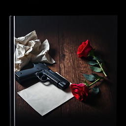 A dark book cover featuring a single handgun lying on a rustic wooden table