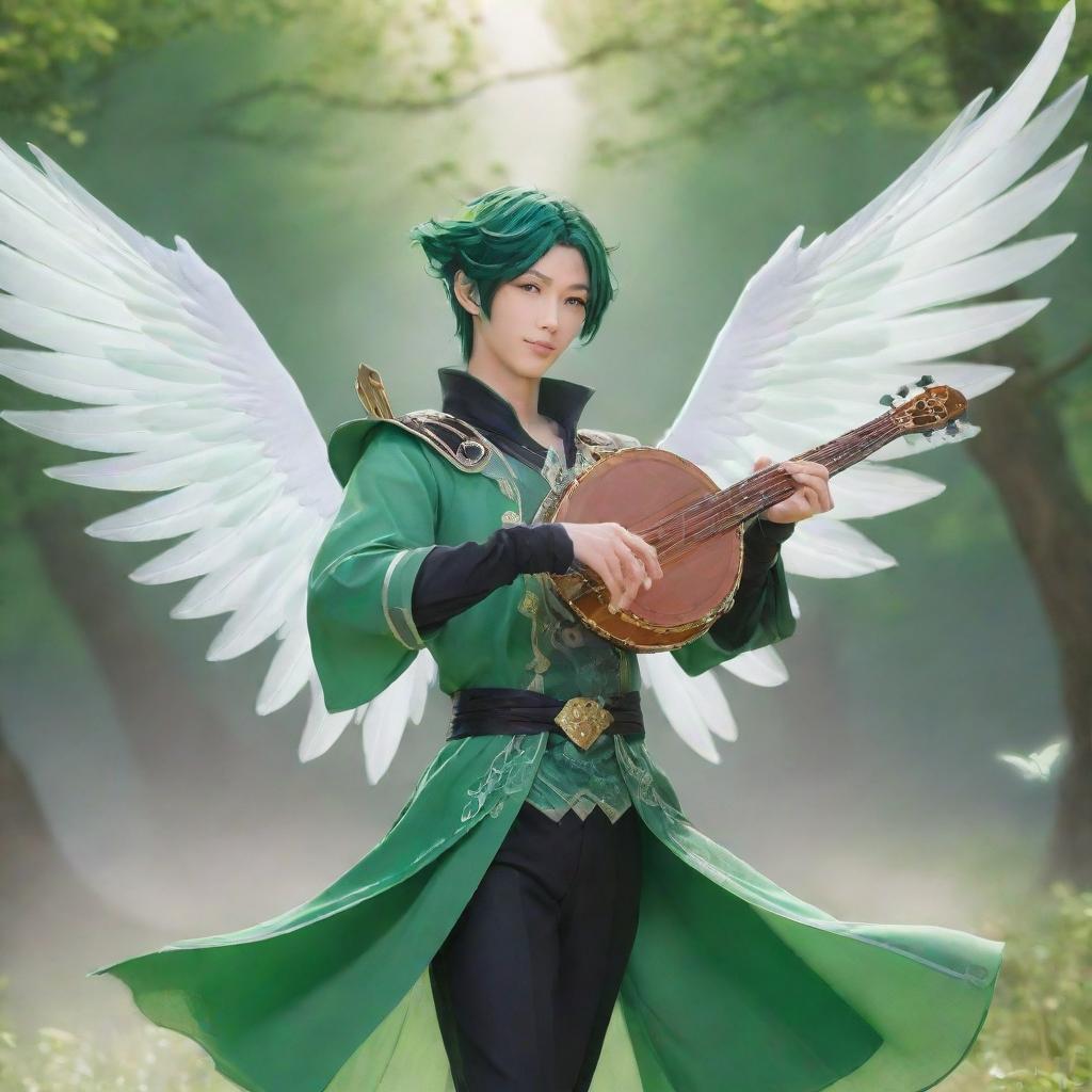 Venti, the playful and free-spirited character from Genshin Impact, dressed in green attire with a translucent winged back, playing his magical lyre against a stunning Teyvat backdrop.