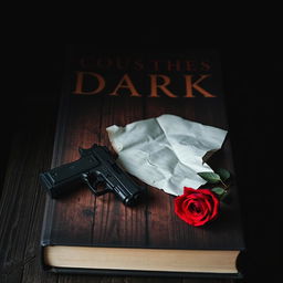 A dark book cover featuring a single handgun lying on a rustic wooden table