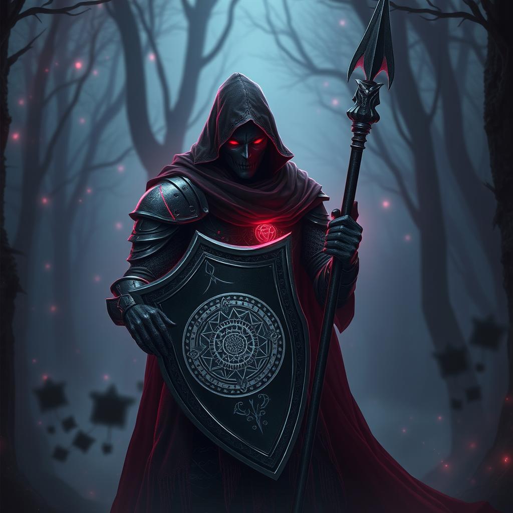 A spectral hexblood knight, their face obscured by a mysterious hood, stands poised and formidable