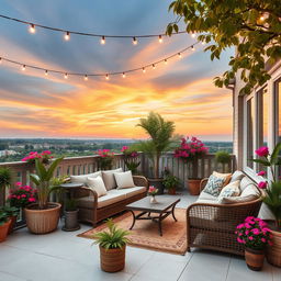 A beautifully furnished terrace, featuring a cozy seating arrangement with stylish outdoor furniture, including plush cushions and a small coffee table