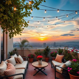 A beautifully furnished terrace, featuring a cozy seating arrangement with stylish outdoor furniture, including plush cushions and a small coffee table