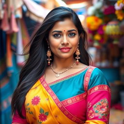 A portrait of an Indian woman wearing a colorful traditional blouse that accentuates her features