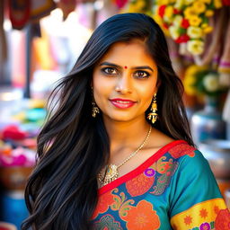 A portrait of an Indian woman wearing a colorful traditional blouse that accentuates her features