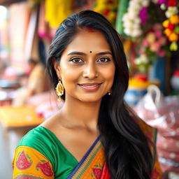 A portrait of an Indian woman wearing a colorful traditional blouse that accentuates her features