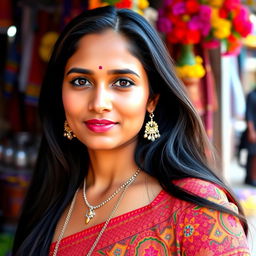 A portrait of an Indian woman wearing a colorful traditional blouse that accentuates her features