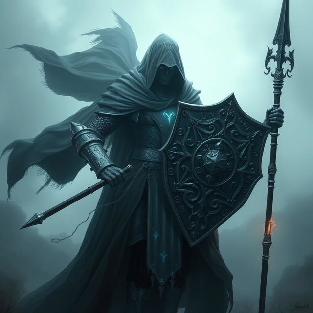 A spectral hexblood knight, with a mysterious aura and their face obscured by a dark, flowing cloak