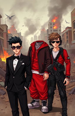 Three boys in a chaotic city backdrop