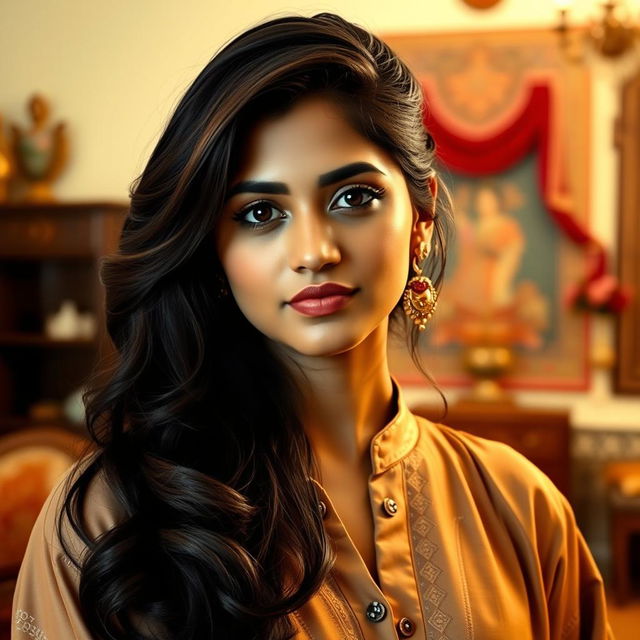 A portrait of an Indian woman with an elegant, flowing hairstyle, wearing a blouse with the top buttons opened slightly, showcasing a blend of traditional style and modern fashion