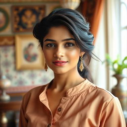 A portrait of an Indian woman with an elegant, flowing hairstyle, wearing a blouse with the top buttons opened slightly, showcasing a blend of traditional style and modern fashion