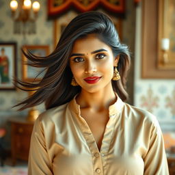 A portrait of an Indian woman with an elegant, flowing hairstyle, wearing a blouse with the top buttons opened slightly, showcasing a blend of traditional style and modern fashion