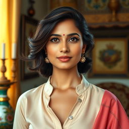 A portrait of an Indian woman with an elegant, flowing hairstyle, wearing a blouse with the top buttons opened slightly, showcasing a blend of traditional style and modern fashion