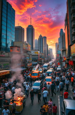 A chaotic city scene filled with vibrant energy and movement, showcasing a blend of modern skyscrapers and traditional architecture