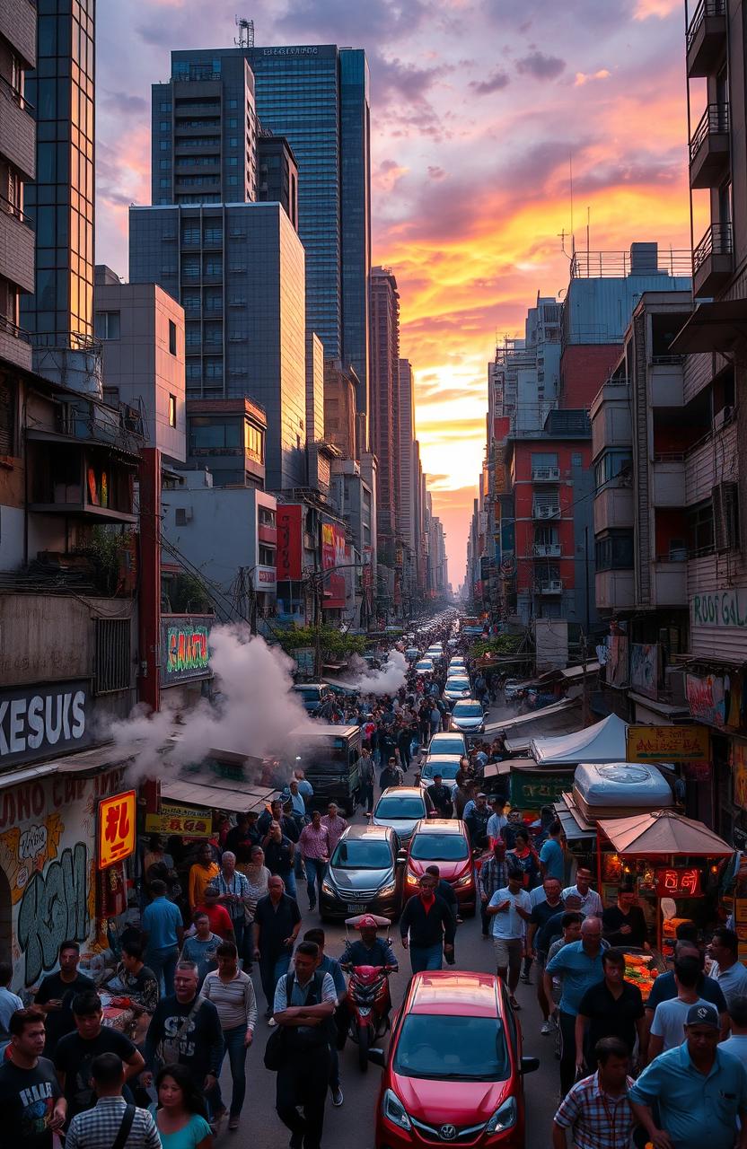 A chaotic city scene filled with vibrant energy and movement, showcasing a blend of modern skyscrapers and traditional architecture