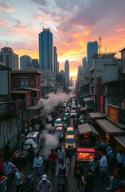 A chaotic city scene filled with vibrant energy and movement, showcasing a blend of modern skyscrapers and traditional architecture