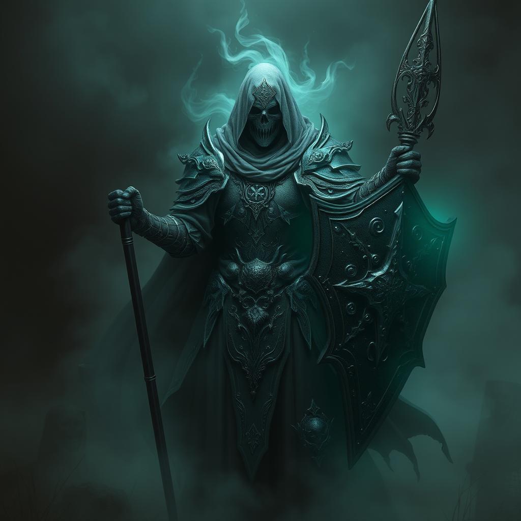 A spectral hexblood knight shrouded in ethereal mist, with a fully covered face, exuding an aura of mystery and power