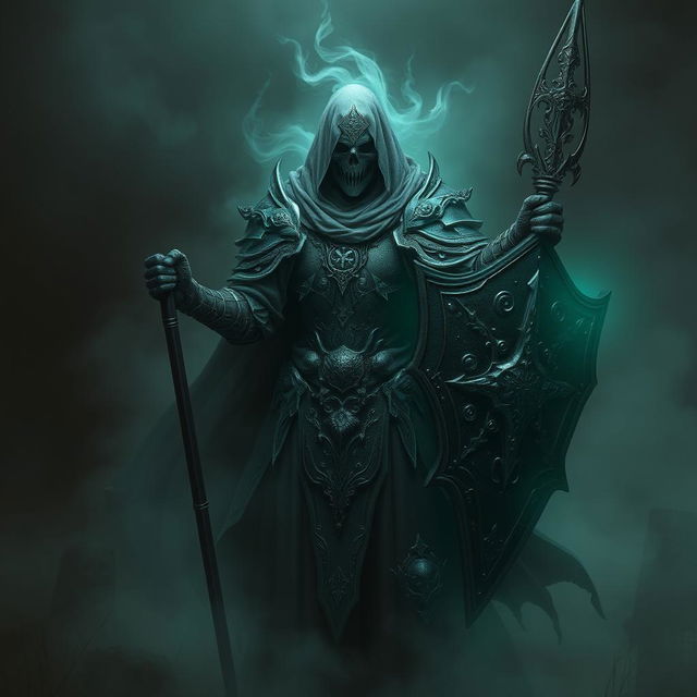 A spectral hexblood knight shrouded in ethereal mist, with a fully covered face, exuding an aura of mystery and power